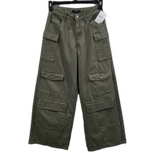 Forever 21 Womens Olive Cargo Pants Y2k Wide Leg Utility Multi Pocket Cotton S